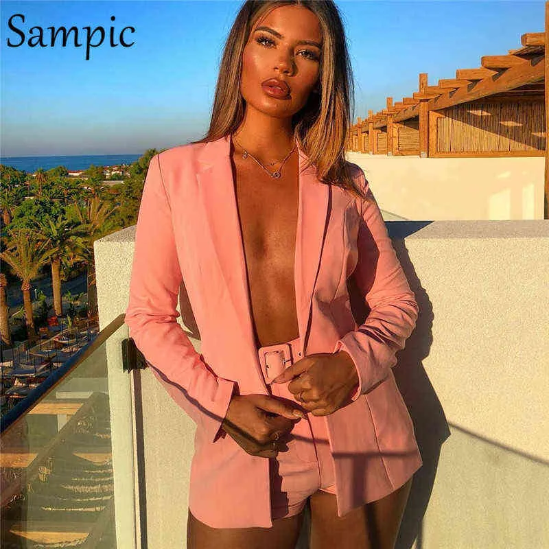 Sampic Casual Blazer Pant Suits Long Sleeve Women Two Piece Set White Pink Yellow Summer Autumn Shorts Set T220729