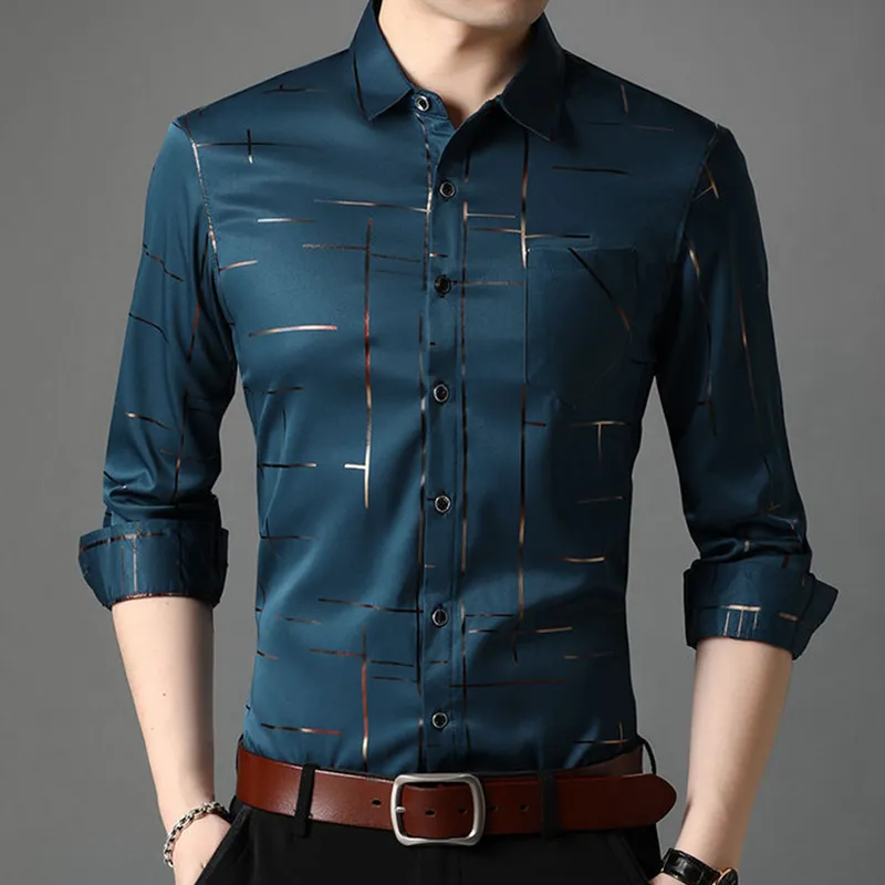 Slim Men Shirt Dress Manga larga Turn Down Collar Stripes Single-brested Polo Business Shirt Top 220524