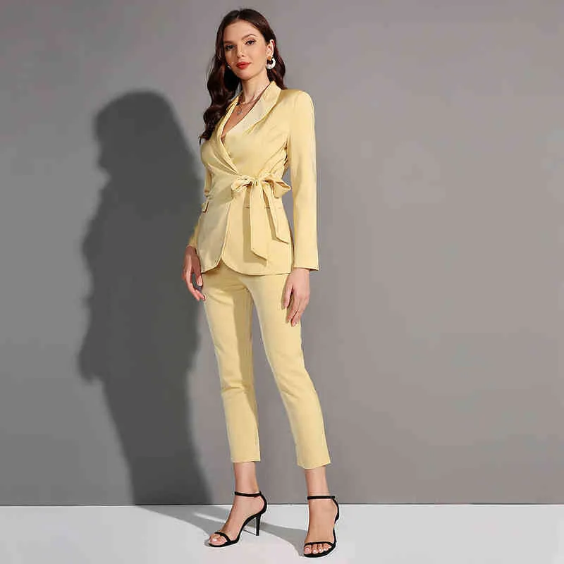 스프링 여성 사무실 착용 블레이저 팬츠 양복 두 조각 세트 여성 벨트 슈트 재킷 넓은 다리 팬츠 팬츠 우아한 블레이저 세트 T220729