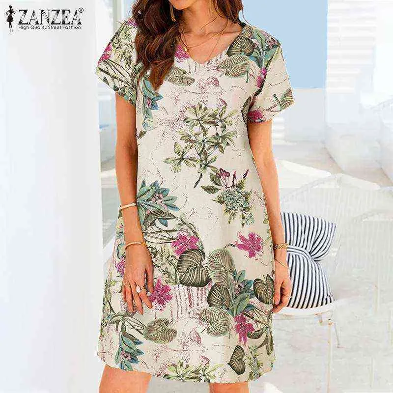 2022 Été Bohème Genou Robe Femmes Vintage Coton Lin Robes ZANZEA Plage Mode Décontracté Imprimé Floral Robe D'été G220510