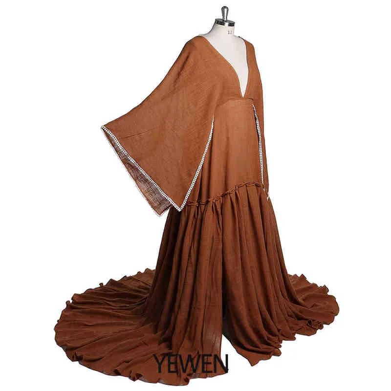 Elegant Maternity Dresses For Photoshoot Long Flare Sleeves Side Slit Pregnancy Dress Cotton Maxi Dress Yewen J220628