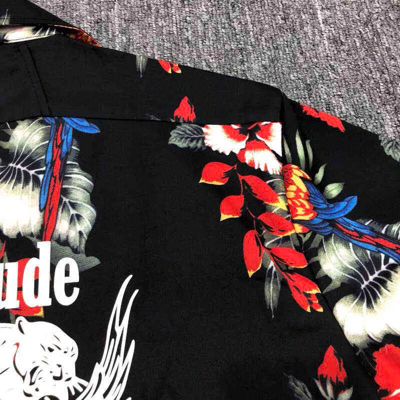 Haute qualité Rhude18ss fleur perroquet rouge imprimé T-shirt ample hommes femmes tout-match marque Rhude Hawaii chemise à manches courtes