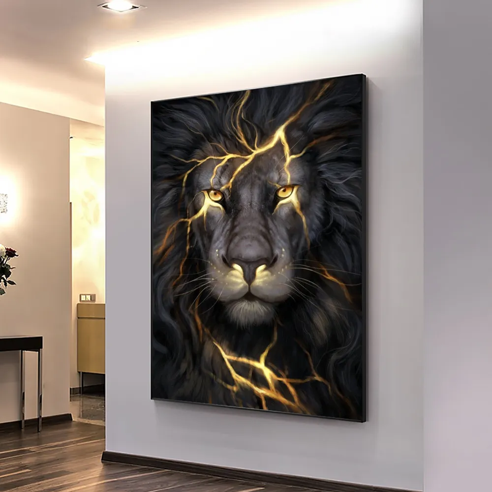 Wall Art Posters Zwart en Golden Light Lion Canvas schilderen Modern Animal Picture for Living Room Home Decoratie geen frame