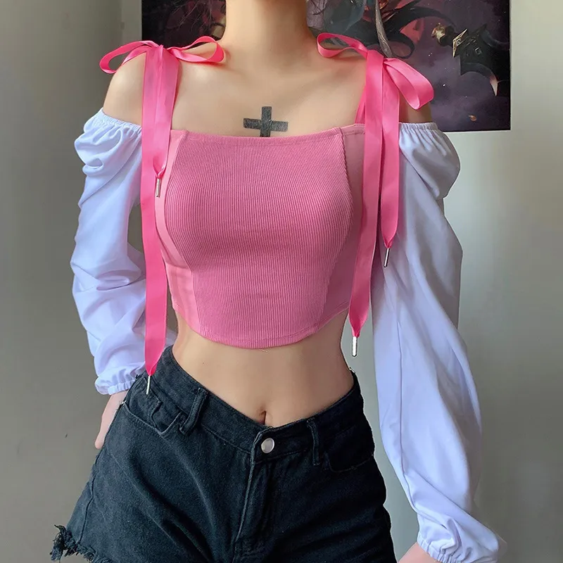 여자 핑크 탑 Y2K 달콤한 색상 대비 1 라인 칼라 버블 슬리브 오프 어깨 리본 보우 어린 소녀 짧은 블라우스 셔츠