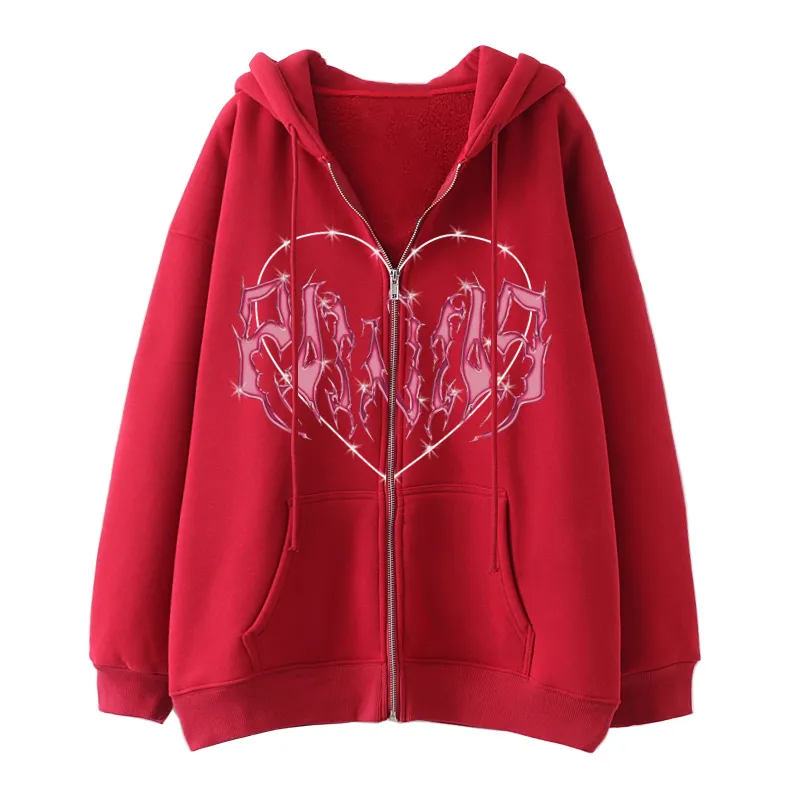 Sweatshirts kläder kawaii hoodies vinter överdimensionerade tryck huvor kvinnor bomull plus storlek lång ärmszip upp huvtröja 220726