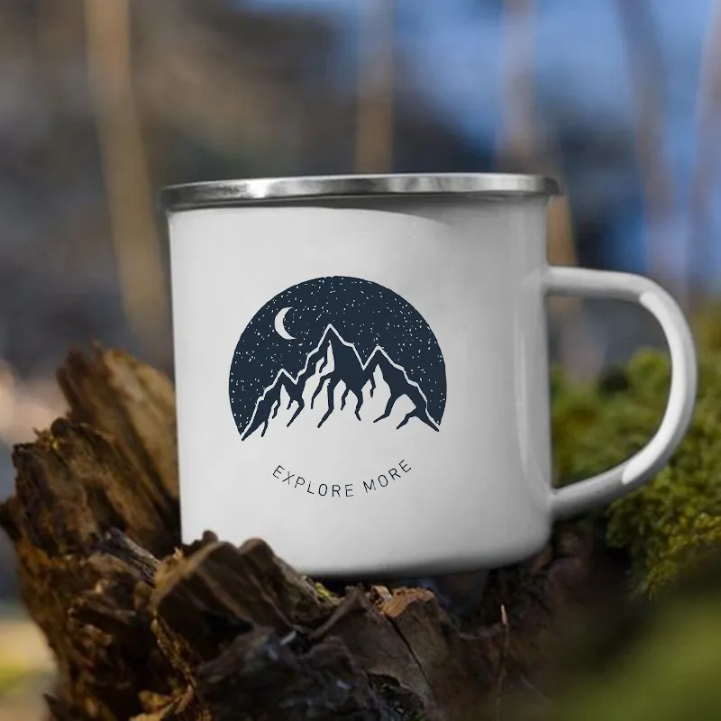 Night Forest Mountain Print esmalte criativo café chá de chá de água xícaras de leite de acampamento Handle drinkware férias para caminhada caneca presentes 220617