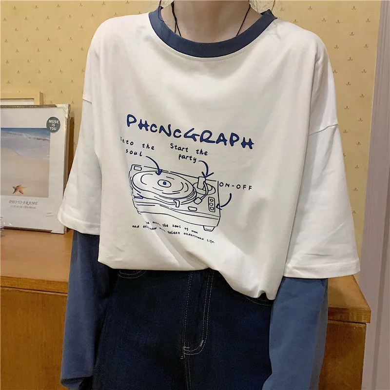 Поддельные футболки с длинными рукавами из двух предметов. Женская футболка с буквенным принтом. Мешковатая футболка в корейском стиле. Свежий универсальный весенний шик для девочек 220801.