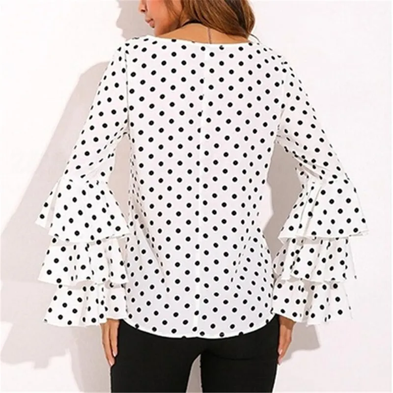 Koszule kobiet w kropki Spring Fashion O Neck Bluzka z długim rękawem Femininas Casual Black and White Topss Plus Size Shirt 220623