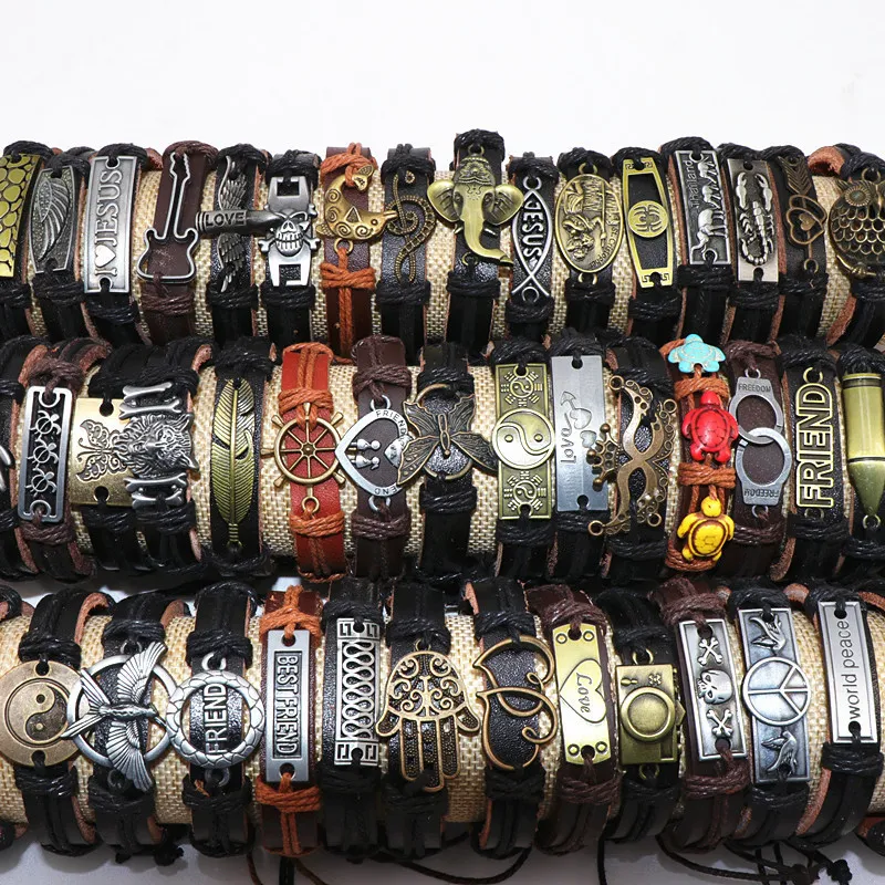 Großhandel 50 teile/los Leder Metall Charme Armbänder Für Männer Vintage Handgelenk Manschette Armbänder Für Frauen Geschenke Schmuck Mix Stil 220519