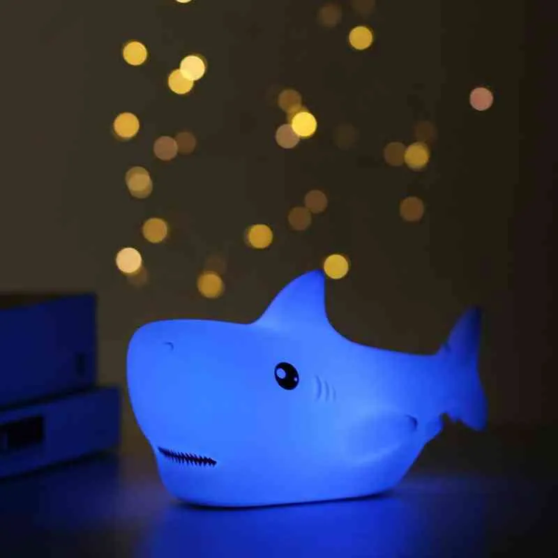 상어 나이트 라이트 터치 센서 소프트 실리콘 램프 귀여운 동물 아기 어린이 방 장식 USB 충전식 7 색상 W220264L