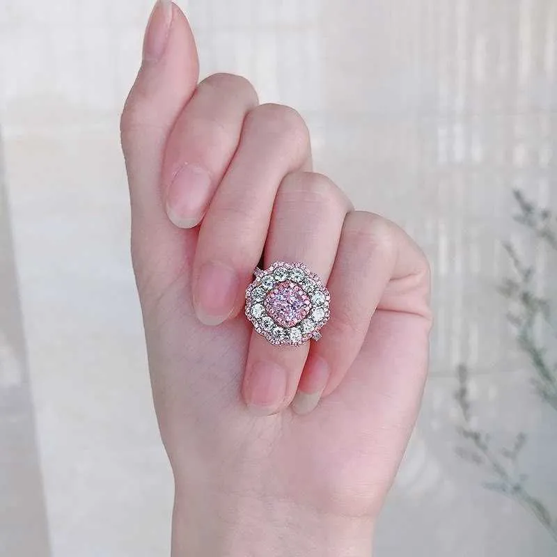 S925 Sterling Silver Ring female luxury inlaid 5A zircon pink yellow wedding ring9399867