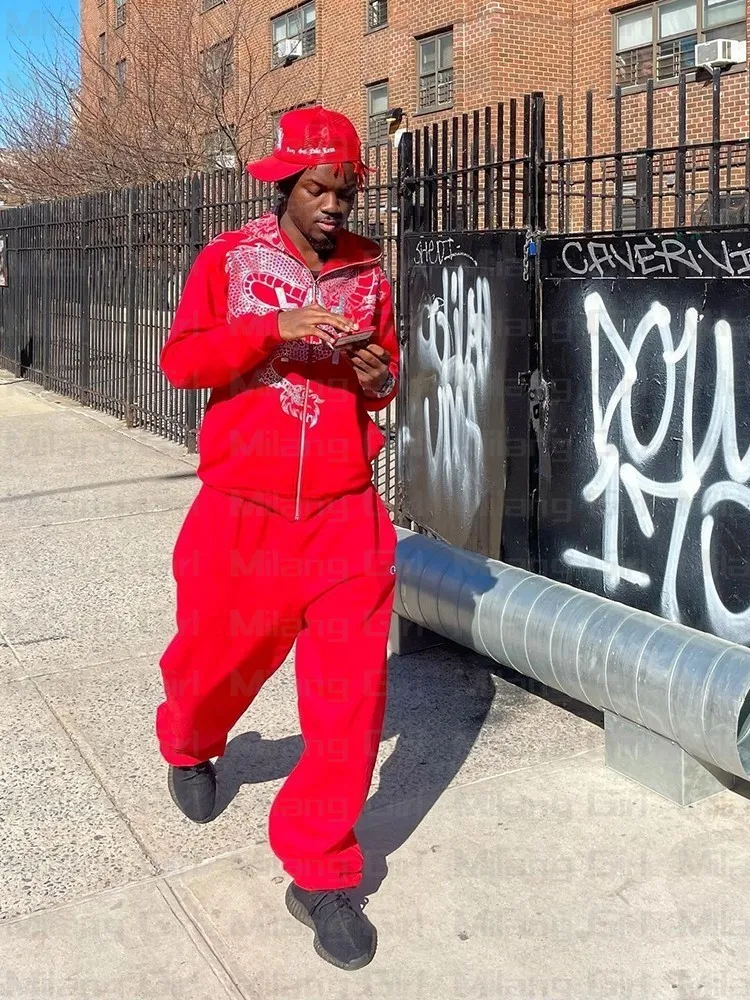 Erkek Hoodies Zip Hoodie Dragon Baskı Kırmızı Goth Sweatshirt Spor Paltosu Hip Hop Uzun Kollu Büyük Boy Hoodie Y2K Ceket 220725