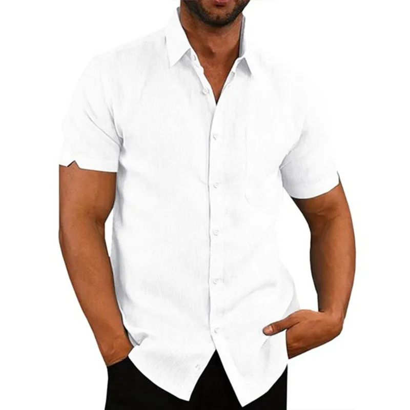 Chemises à manches courtes pour hommes, 100% coton et lin, couleur unie, col rabattu, décontractée, Style plage, grande taille, été, 220801