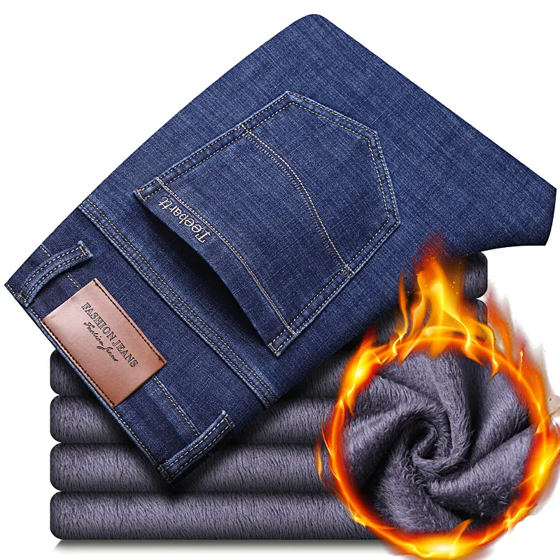 Hiver thermique chaud flanelle Stretch Jeans hommes qualité célèbre marque polaire pantalon hommes droit flocage pantalon Jean mâle 220328