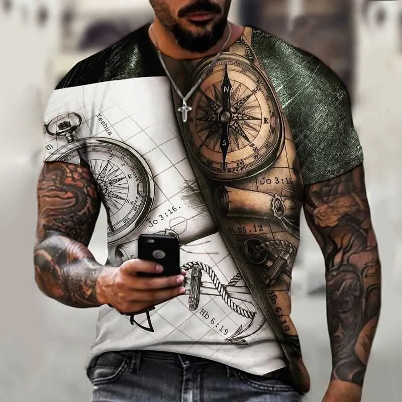 2022 T-shirt da uomo dritto grande bussola stampa 3D T-shirt girocollo manica corta da uomo allentata casual traspirante Top vari stili e colori