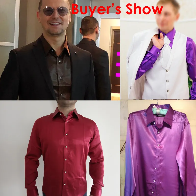 İpek gömlek erkekler saten pürüzsüz katı smokin iş chemise homme rahat slim fit parlak altın gelinlik s 220323