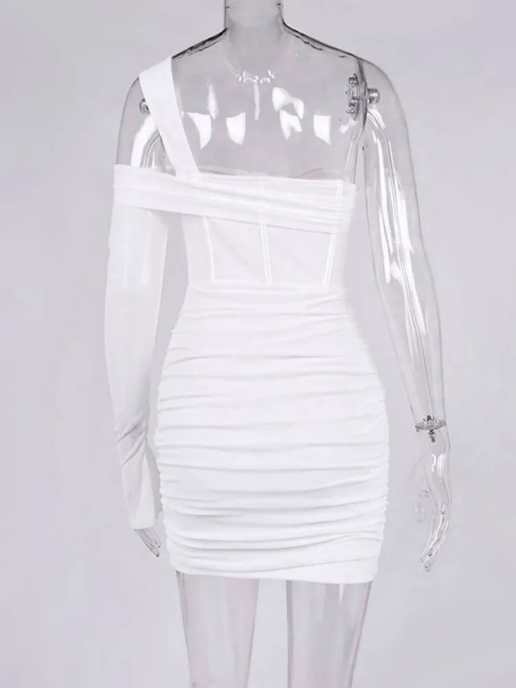 Asia Mesh Corset Dress Cut Up Bone Patded Zipper 2 -laags Asymmetrische Mini Bodycon -jurk met één mouw sexy vrouw Vestidos 220511