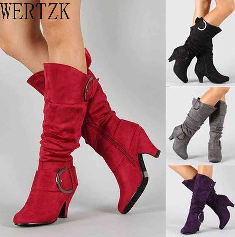 Сапоги большой размер 43 2022 коленные женские женщины осенние фальшивые замшевые пряжки мода модные каблуки Женская обувь зима Zapatos de Mujer 220709