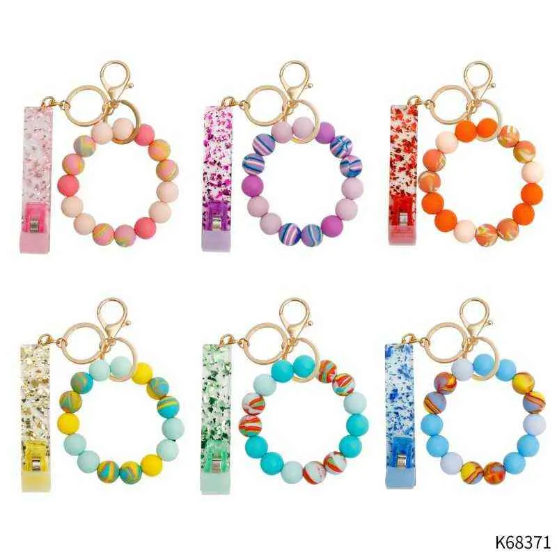 Fashion Keychains with Card Clip Rainbow Color Wood Sile Beaded Bracelet Keyrings For Keys Card Extractor Keyrings Wholesale G220421