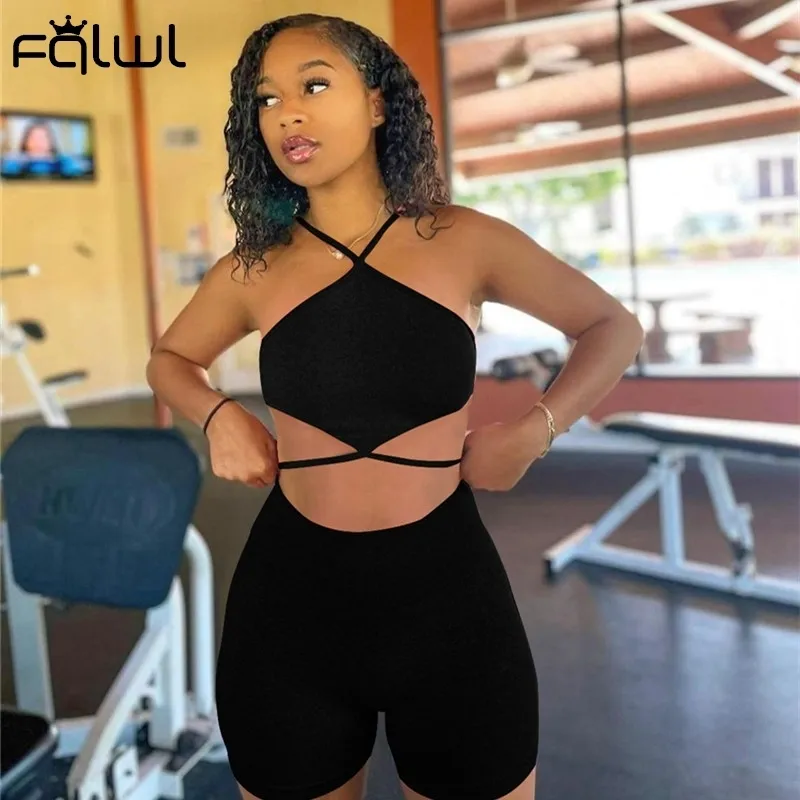 FQLWL Bodycon Summer Streetwear 2 Two Piece Sets Women Outfits Backless Halter Crop Top Biker Shorts Sets Pink Casual Tracksuit 220602