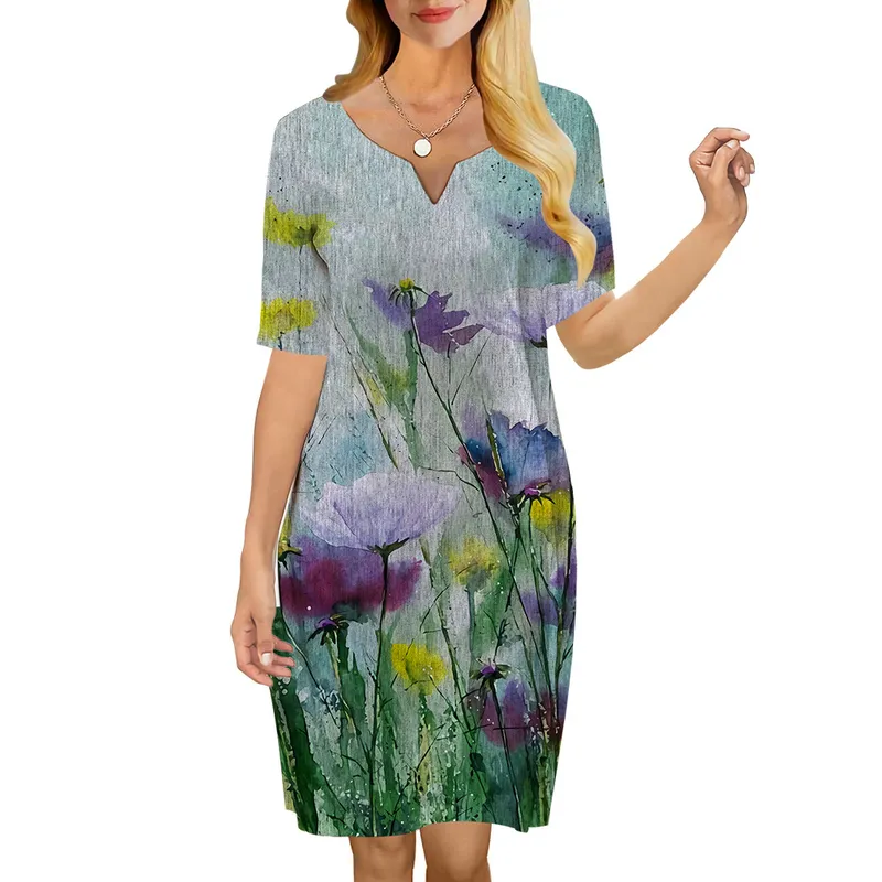 Femmes robe belles fleurs 3D imprimé col en v ample décontracté à manches courtes robe droite pour les robes féminines Style de rue 220616