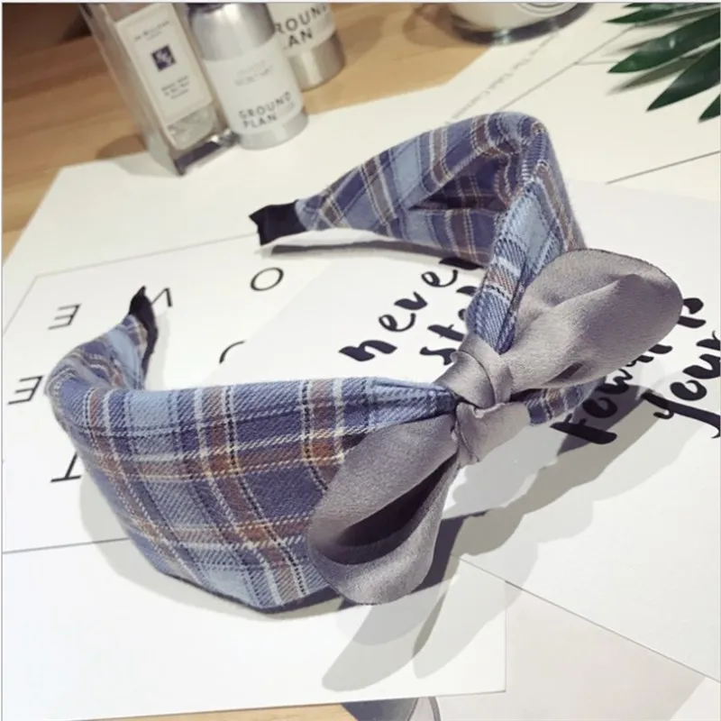 Fashion hair accessories women classic plaid striped middle knotted rabbit ears bow wide-brimmed headband women