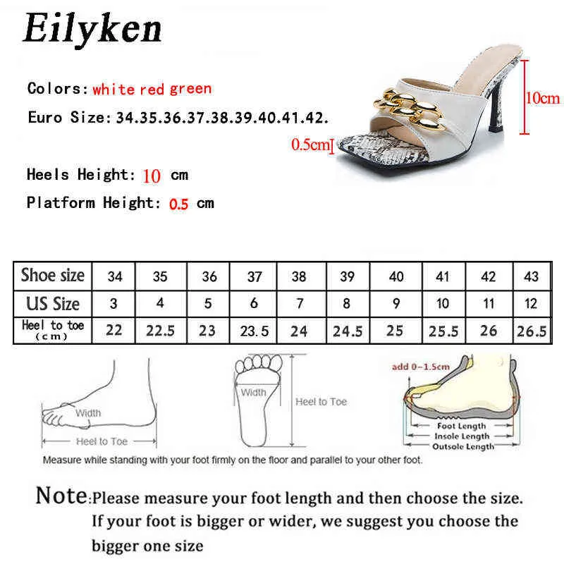 Nxy Sandals New Fashion Snakeskin Pattern Metal Chain Design Women Slippers Summer Square Toe Stiletto High Heels Wedding Party Shoe