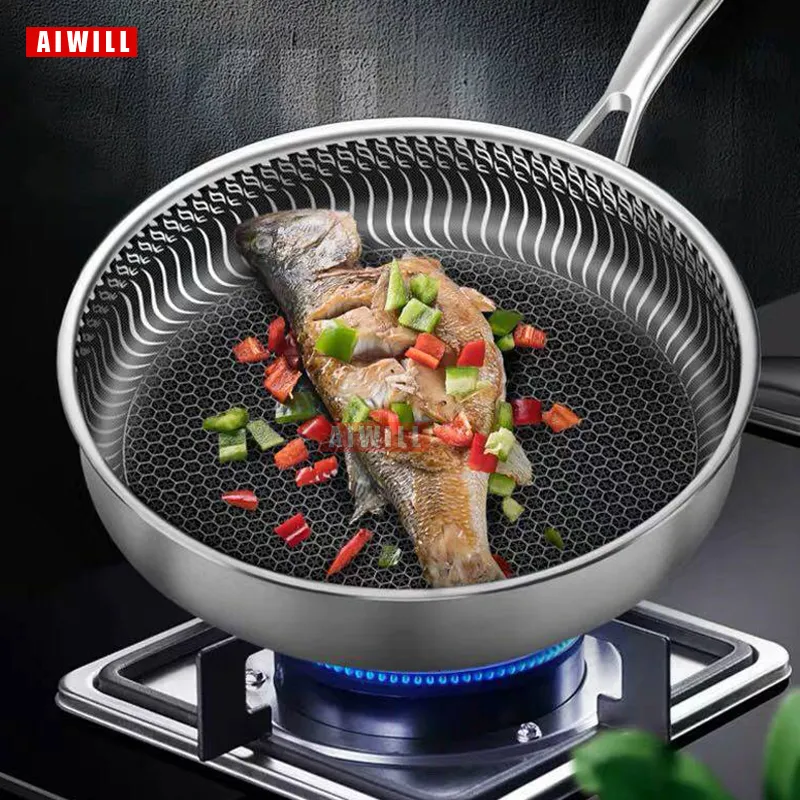 Aiwill Kitchen High Quality 316/304 Rostfritt stål Stekpanna Nonstick Pan Fried Steak Pot Electromagnetic Furnace General 220423