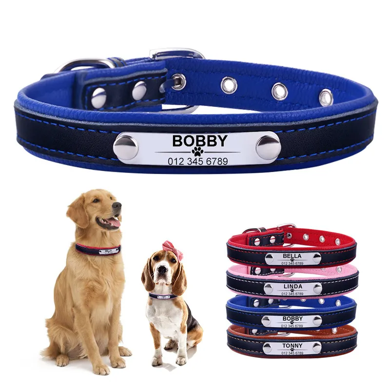 Leather Collar Personalized Custom Engraved Name Plate Puppy Pet s XSSML Dog Tag 220622