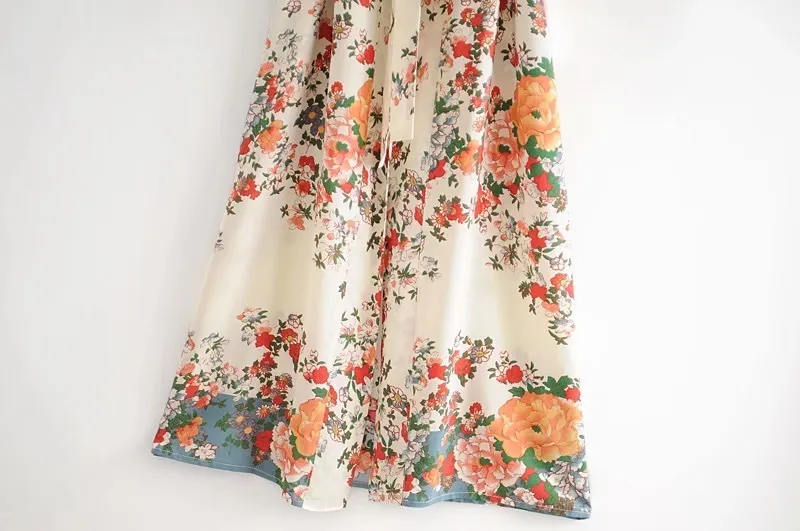 Boho Konumu Çiçek Baskı Uzun Kimono Gömlek Bej Hippi Kadınlar Bağlantı Bow Bow Sashes Uzun hırka gevşek bluz Tatil 220511