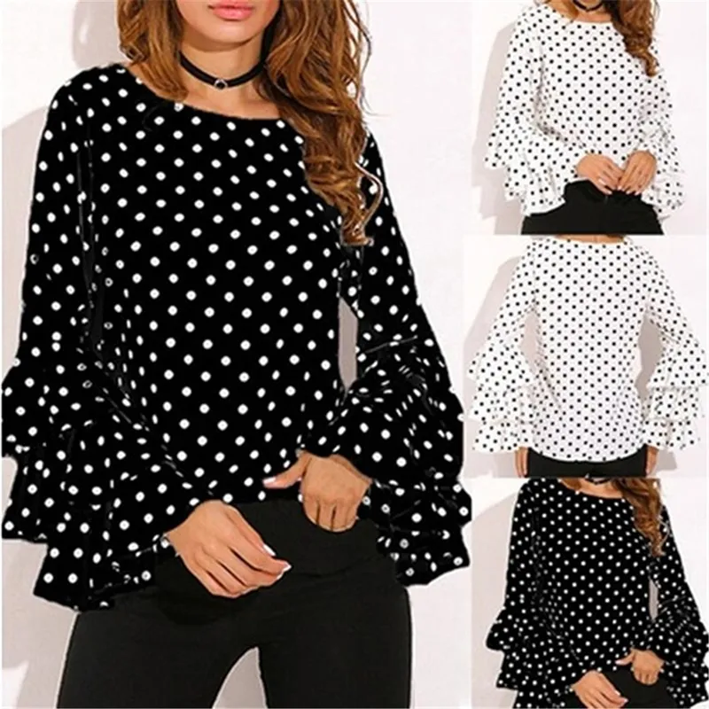 Femmes chemises à pois printemps mode O cou à manches longues Blouse Femininas décontracté noir et blanc hauts grande taille chemise 220623