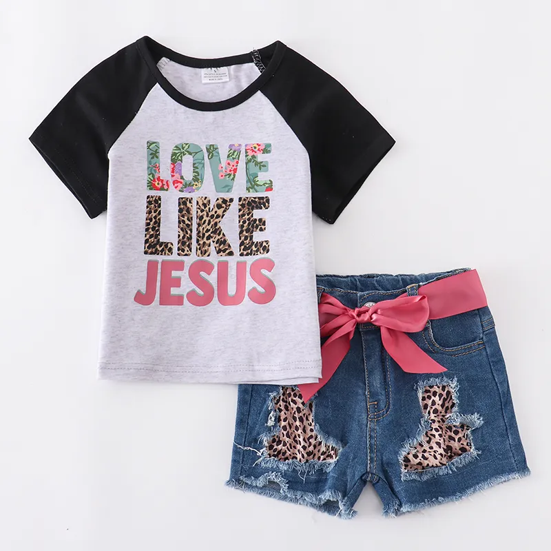 Girlymax Summer Baby Baby Girls Short Sleeve Top Cluffles Boutique Demin Jeans Shorts Set Outfits 220620