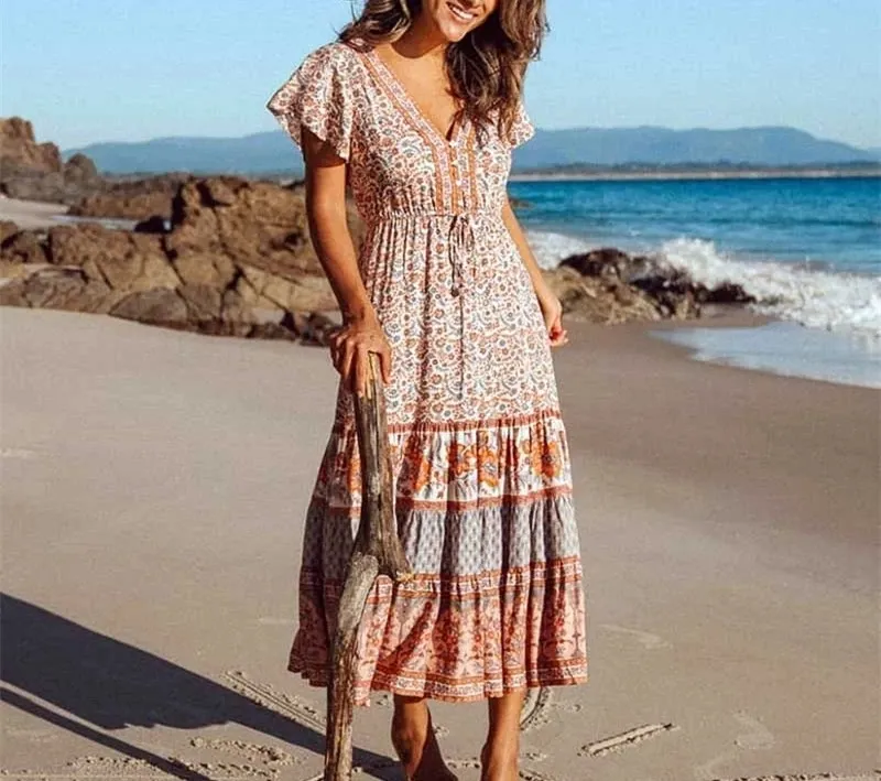 Green Red Bohemian Beach Long Women Button V neck Flared Sleeves Autumn Dress Boho Hippie Chic Maxi Vestidos 220613