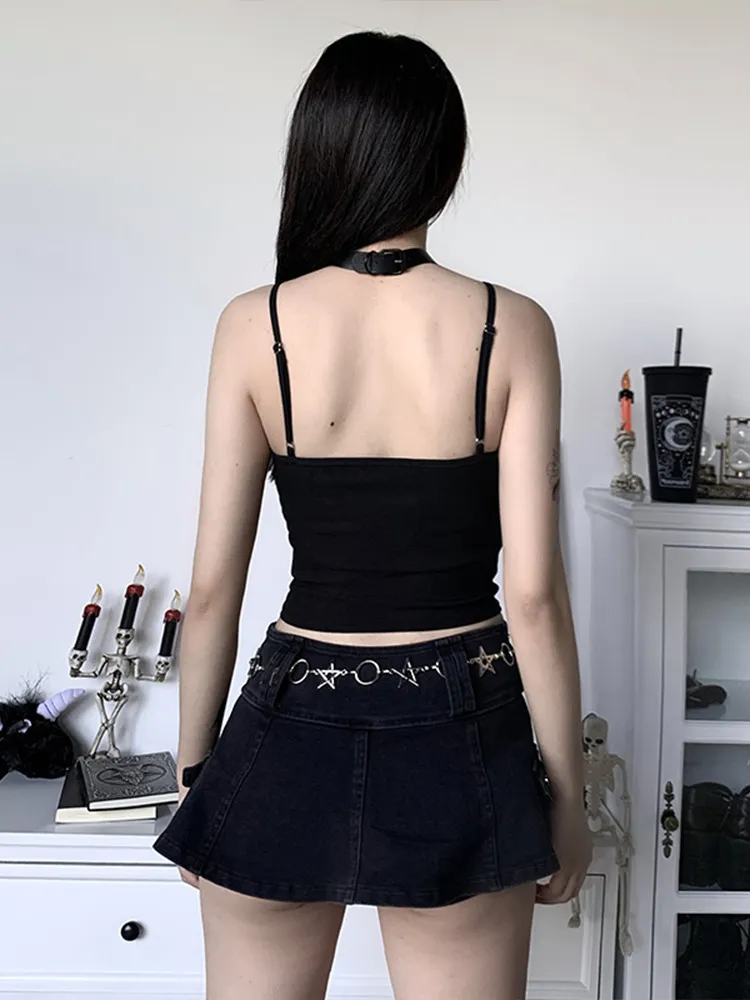 Insgot Sexy Bandaż Camis Kobiety Gothic Black Spaghetti Pasek Backless Bodycon Crop Tank Tops Kobiece Vintage Camisoles Lato 220407