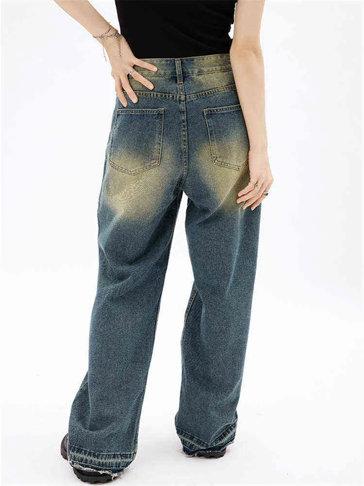 Gele modder Amerikaanse retro jeans vrouwen zomer dun een recht losse hoge taille dweil dweilen brede pijpen neutrale broek denim broek vrouwelijk T220728