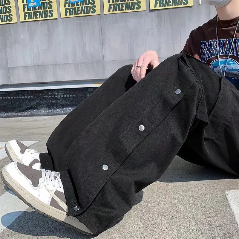 Heren jeans katoenen vrachtbroek Harajuku -stijl recht casual voor massieve grote zakken losse wide been ontwerpbroek 220920