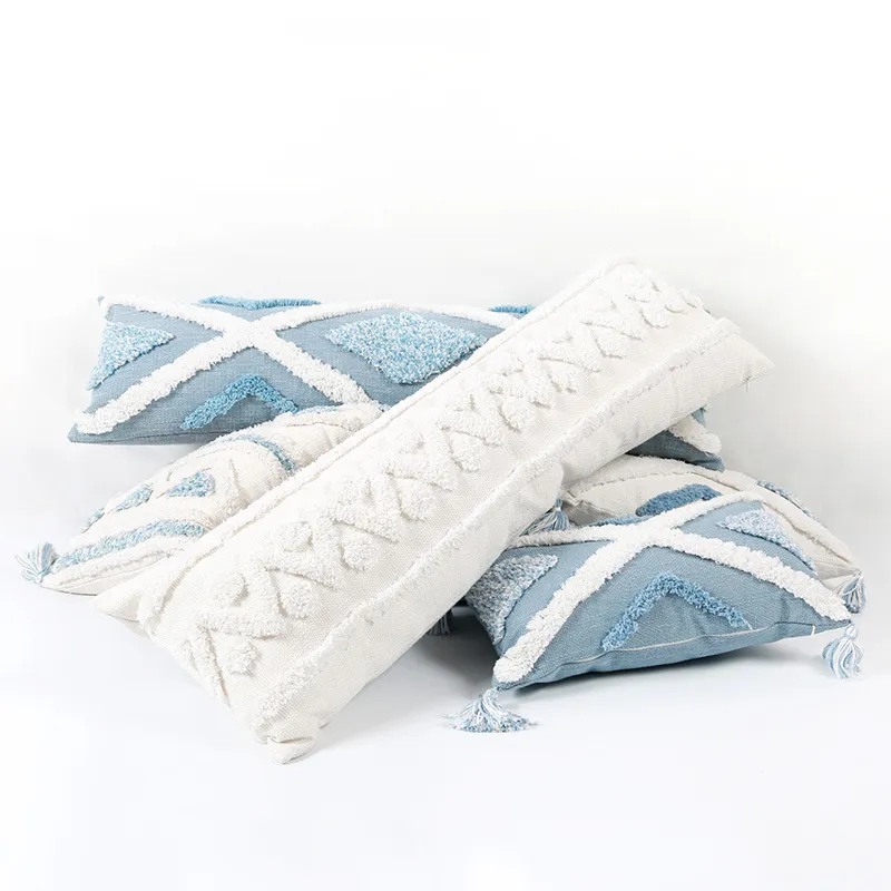 Blue Geometric Tufted Pillowcase with Long Waist Pillowcase Bedroom Sofa Double Pillow Baby Pillows Cute Pillow 30x100cm 220402