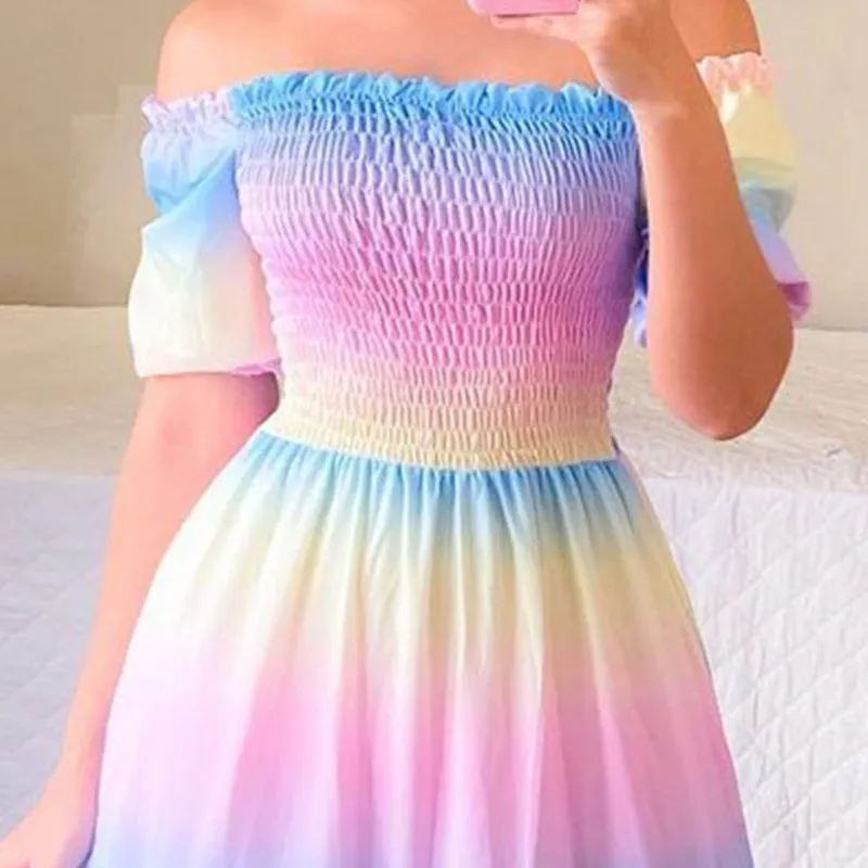 Sexig utanför axelrörets toppklänning Butterfly Rainbow Floral Print Dress Ladies Elegant Slim Summer Bohemian Party Maxi Dresses 220601