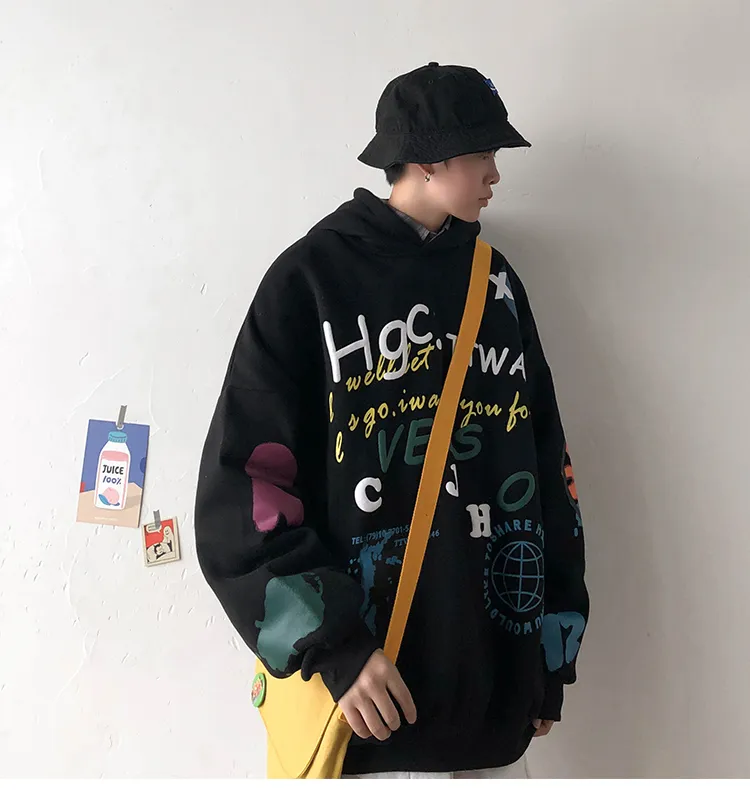 Uomini con cappuccio nero con cappuccio con cappuccio graffiti stampa grafica coreana streetwear giapponese maschio harajuku hip hop abbigliamento felpe casual