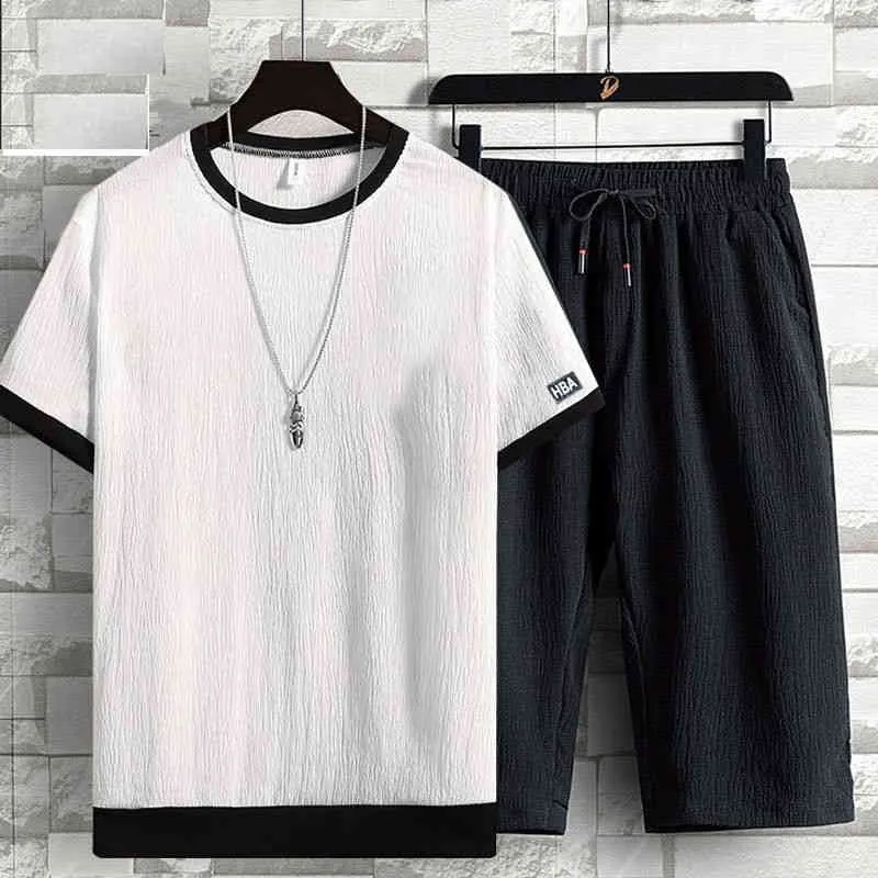 Brand Men's Tracksuit Summer T-shirt +Shorts Two Piece Set Male Sweatsuit Sports Suits Casual Harajuku Shorts Sets Plus Size 6XL