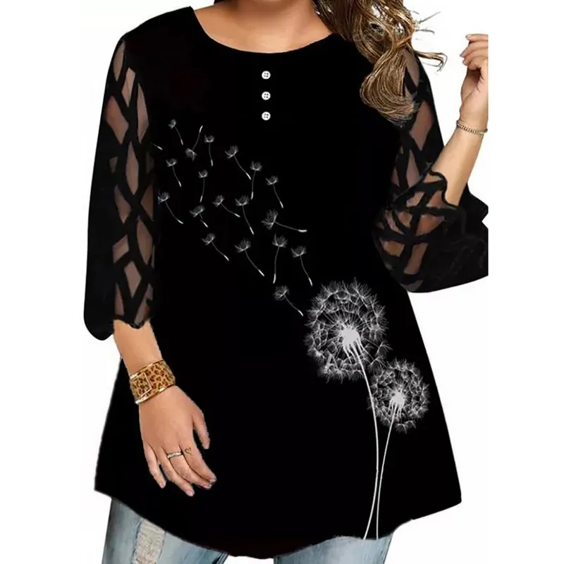 5xl 6xl plus size blouse dames herfst driekwart mesh mouw geprinte elegante tuniek tops losse oversized dames shirt top 220526