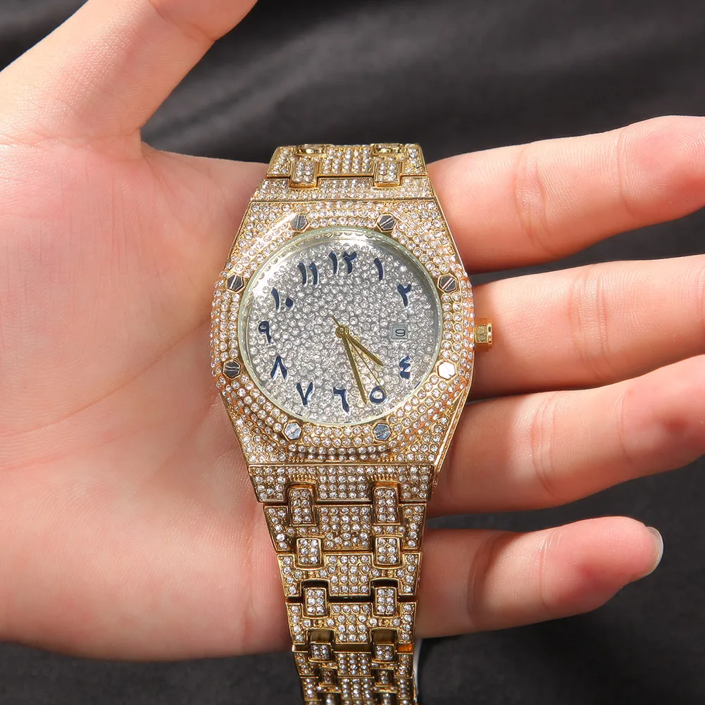 럭셔리 풀 다이아몬드 시계 골드 시계 디자이너 남성 감시 패션 아랍어 손목 시계 245e