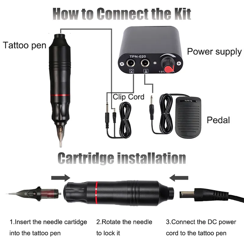 Professional Tattoo Machine Kits Rotary Pen Set With Power Supply Cartridges Needles Body Art 220617