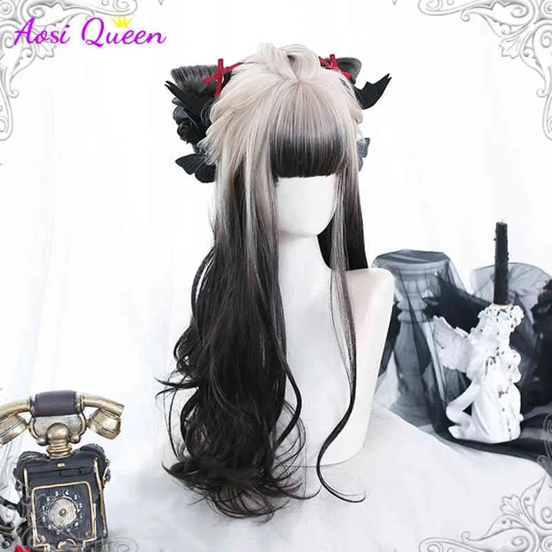 As Long Curly Synthetic Wig with Center Bangs Dark White Gradient Black Natural Hair Female Cosplay Heat-resi 220622