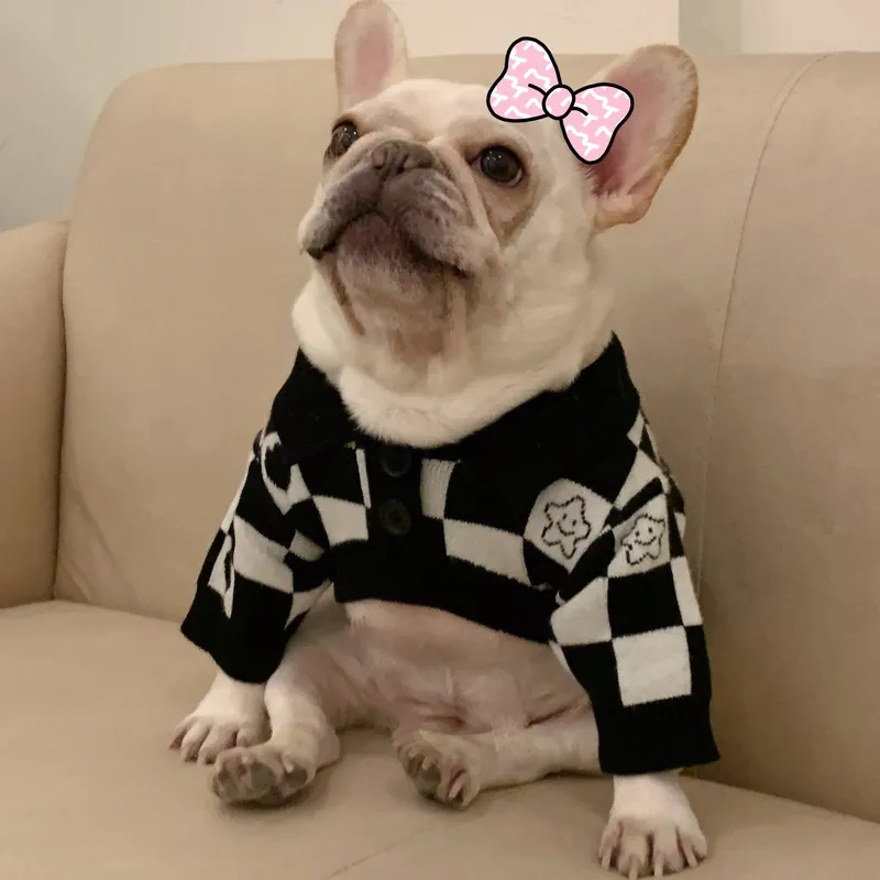 Algodão Francês Bulldog Chessboard Sweater para Yorkies Pet Roupa para Cães Para Cães Pequenos Pets Roupas Pug Plaid Outfit S-2XL