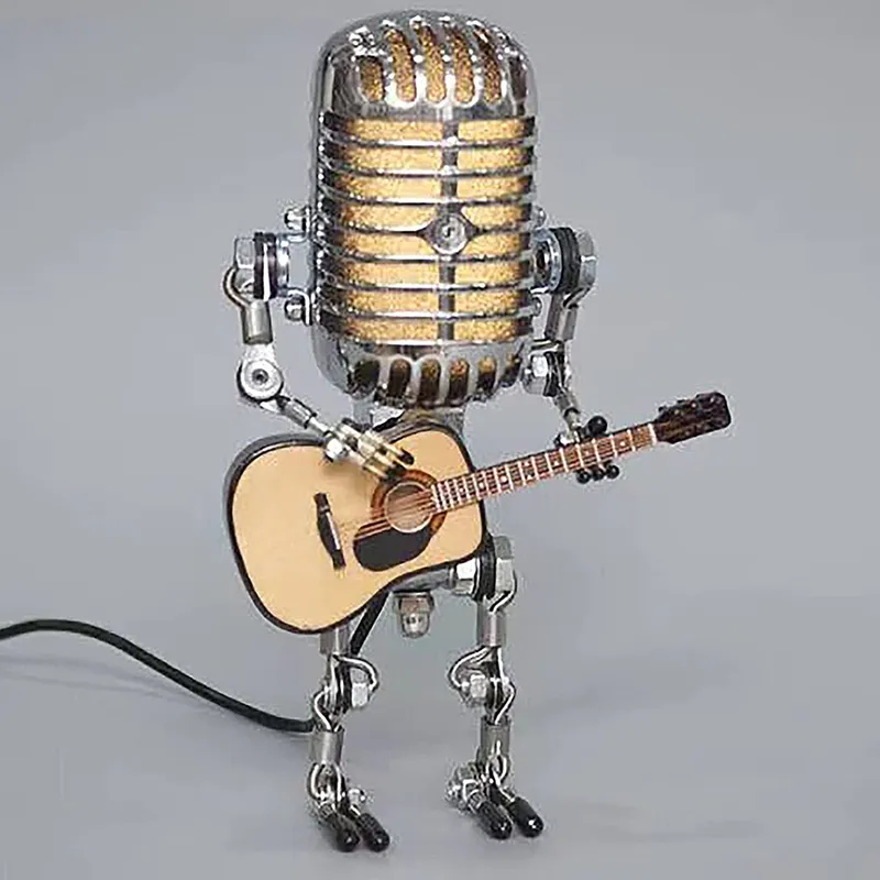 Microphone Robot Lamp Vintage Metal Touch Dimmer Table LED Guitar Desk Solar Light 220525