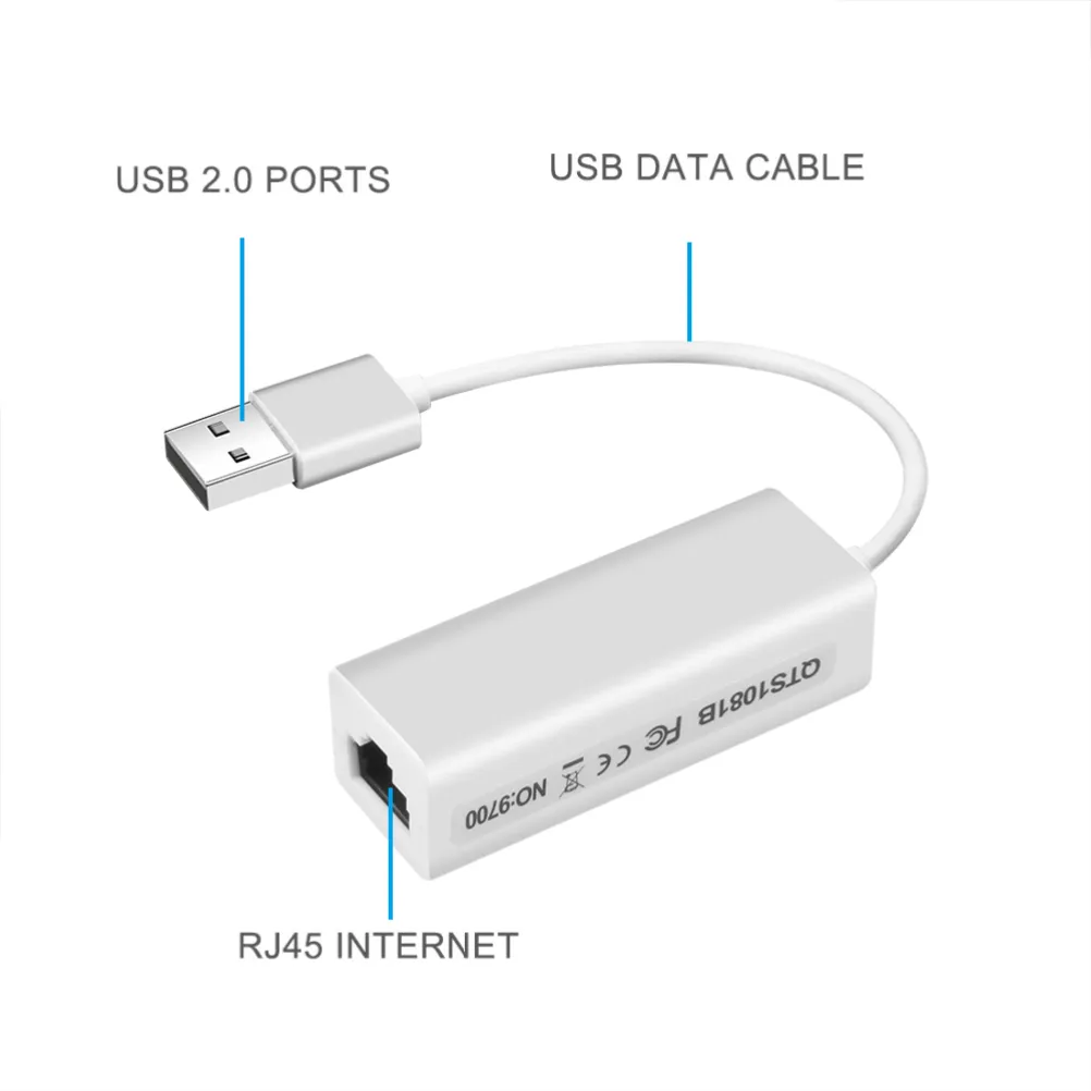 Witte USB 2.0 naar RJ45 Fast LAN Ethernet 10/100Mbps netwerkadapter voor computer-pc