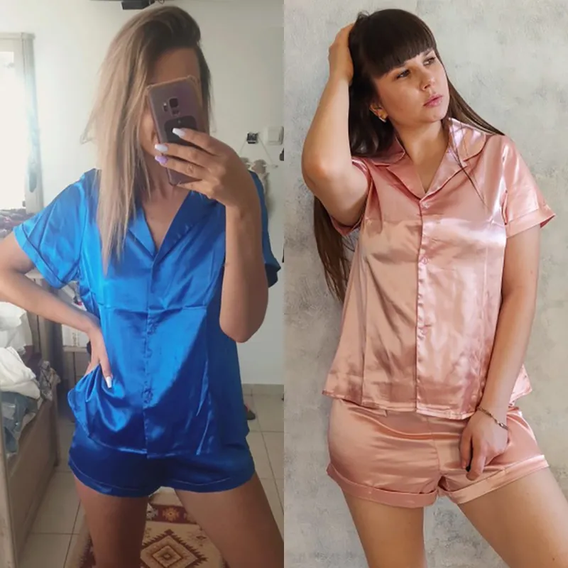 Femmes Vêtements De Nuit D'été Pyjama Ensemble Rose Turn Down Col Faux Soie Satin Bleu À Manches Courtes Casual Femme Pijama Home Wear Shorts 220527