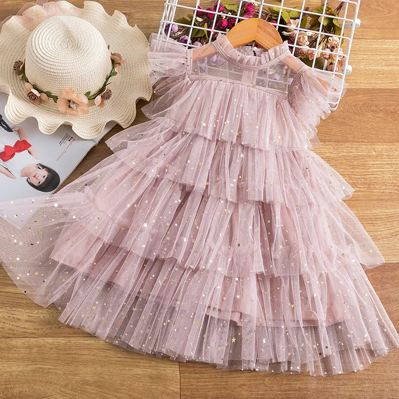 Girls Princess Mesh Layers Cake Dresses For Kids Sequin Elegant Party Tutu Prom Wedding Vestidos Summer Children Ruffles Clothes 220620