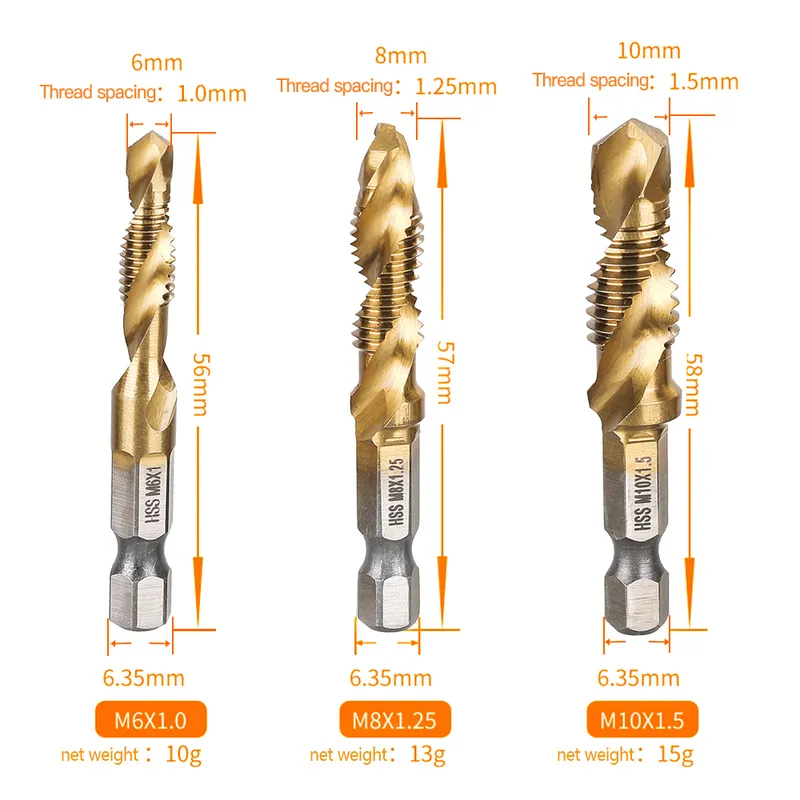 Plated Hex Shank HSS Screw Thread Metric Tap Drill Bits Machine Compound tap M3 M4 M5 M6 M8 M10 Hand Tools 220428